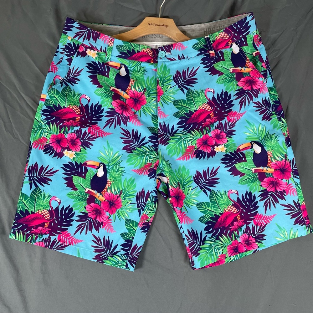 Hreski Golf Shorts Men's Size 38 Floral Multicolor Tucan Tropical Aloha Beach